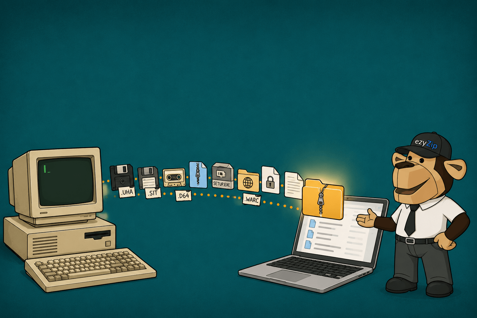 A 1980s beige desktop computer and a modern laptop with vintage archive file icons flowing between them, illustrating 100 new ezyZip archive formats