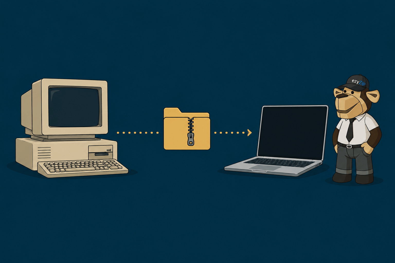 Vintage DOS-era PC and modern laptop, ezyZip Research archive format benchmark study