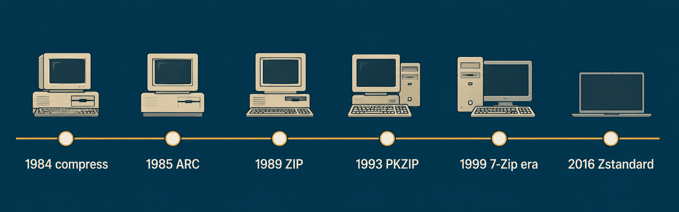 Illustrated timeline of archive formats from 1984 to 2026, from Unix compress and ARC through ZIP, RAR and 7-Zip to Zstandard and paq8px